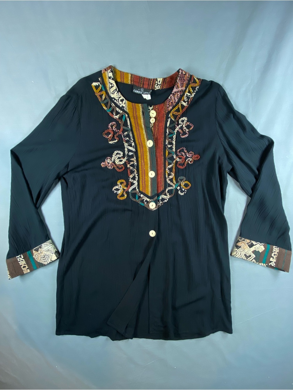 Carole Little Black Tunic with Multicolor Embroidered Yoke see measurements